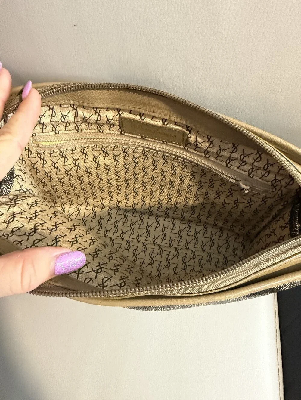 Yves Saint Laurent Black and Tan Patterned Wristlet Clutch